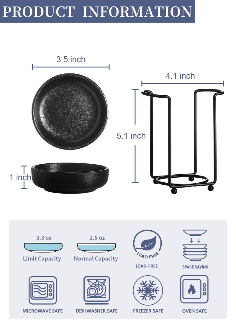 YJR Ceramic Japanese Side Dishes, Seasoning Dishes, Dipping Bowls - 3.5 Inch, with Metal Stand for Ketchup Soy Sauce BBQ Party, Set of 6, Matt Black - Image 2