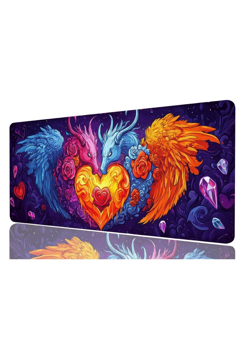 Colorful Dragon Gaming Mouse Pad Colorful Cartoon Angel Demon Heart Mousepad Large Gaming Mouse Pad Laptop Keyboard Mat Non-Slip Rubber Base Keyboard Desk Pad for Home Office Study Game 31.5”x11.8” - Image 1