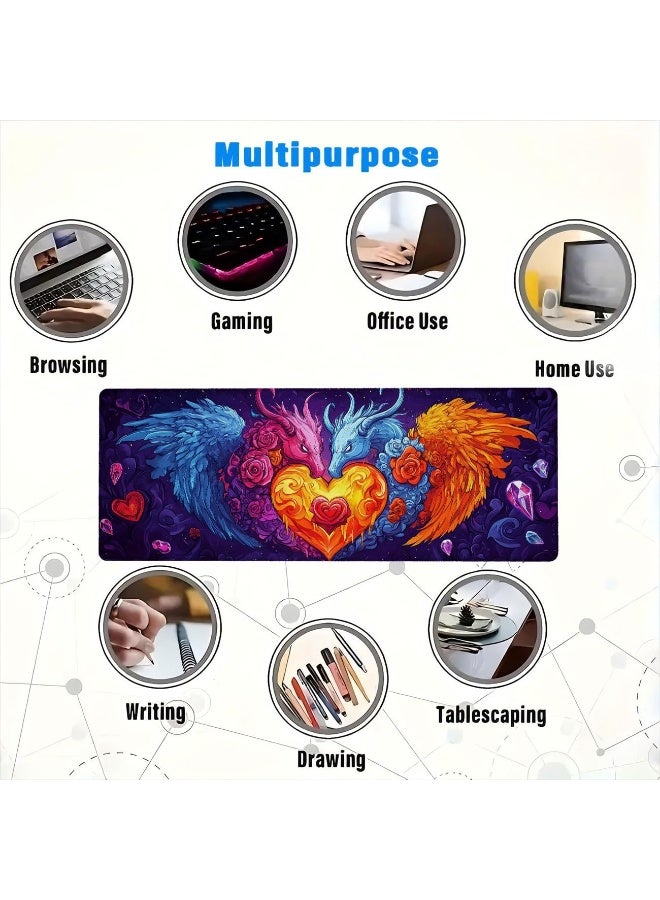 Colorful Dragon Gaming Mouse Pad Colorful Cartoon Angel Demon Heart Mousepad Large Gaming Mouse Pad Laptop Keyboard Mat Non-Slip Rubber Base Keyboard Desk Pad for Home Office Study Game 31.5”x11.8” - Image 2