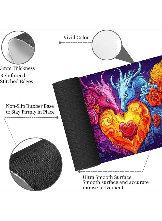 Colorful Dragon Gaming Mouse Pad Colorful Cartoon Angel Demon Heart Mousepad Large Gaming Mouse Pad Laptop Keyboard Mat Non-Slip Rubber Base Keyboard Desk Pad for Home Office Study Game 31.5”x11.8” - Image 3