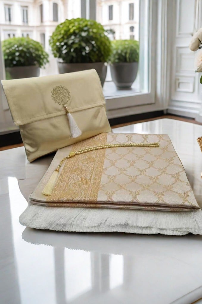 Aijmil 3-Piece Prayer Mat Set, Beautiful Prayer Mat with Pouch and Tasbih, High Quality Skin-Friendly Material, Foldable Prayer Rug Mat, Suitable for Home, Travel, Office, Work, Ramadan, Eid, etc., Best Gift Idea for Prayers (Gold) - Image 1