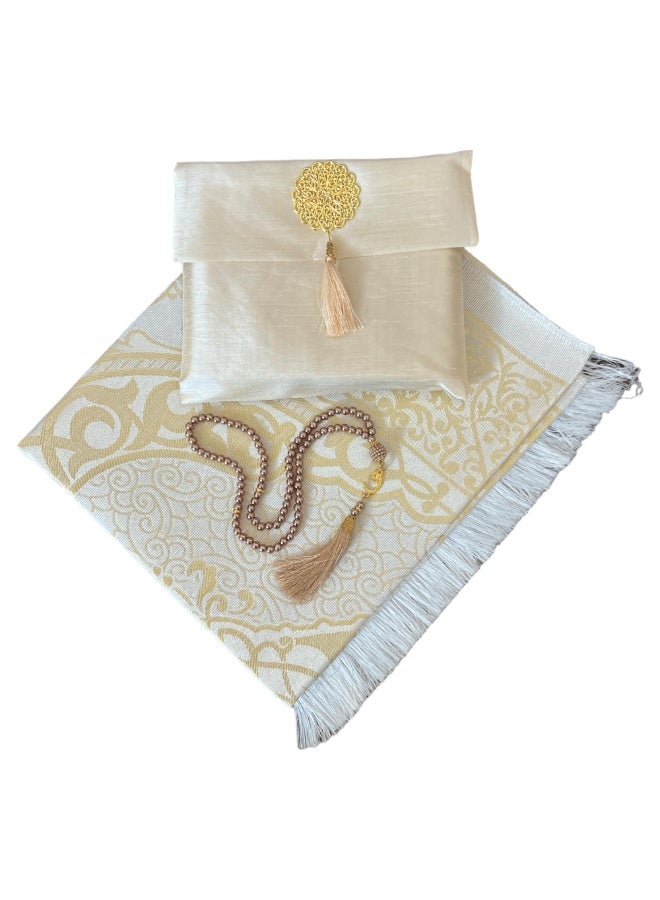 Aijmil 3-Piece Prayer Mat Set, Beautiful Prayer Mat with Pouch and Tasbih, High Quality Skin-Friendly Material, Foldable Prayer Rug Mat, Suitable for Home, Travel, Office, Work, Ramadan, Eid, etc., Best Gift Idea for Prayers (Gold) - Image 4