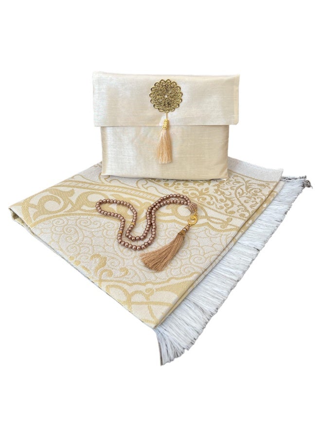 Aijmil 3-Piece Prayer Mat Set, Beautiful Prayer Mat with Pouch and Tasbih, High Quality Skin-Friendly Material, Foldable Prayer Rug Mat, Suitable for Home, Travel, Office, Work, Ramadan, Eid, etc., Best Gift Idea for Prayers (Gold) - Image 5