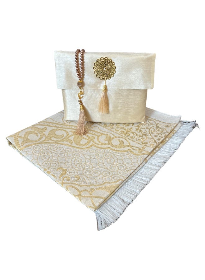 Aijmil 3-Piece Prayer Mat Set, Beautiful Prayer Mat with Pouch and Tasbih, High Quality Skin-Friendly Material, Foldable Prayer Rug Mat, Suitable for Home, Travel, Office, Work, Ramadan, Eid, etc., Best Gift Idea for Prayers (Gold) - Image 3