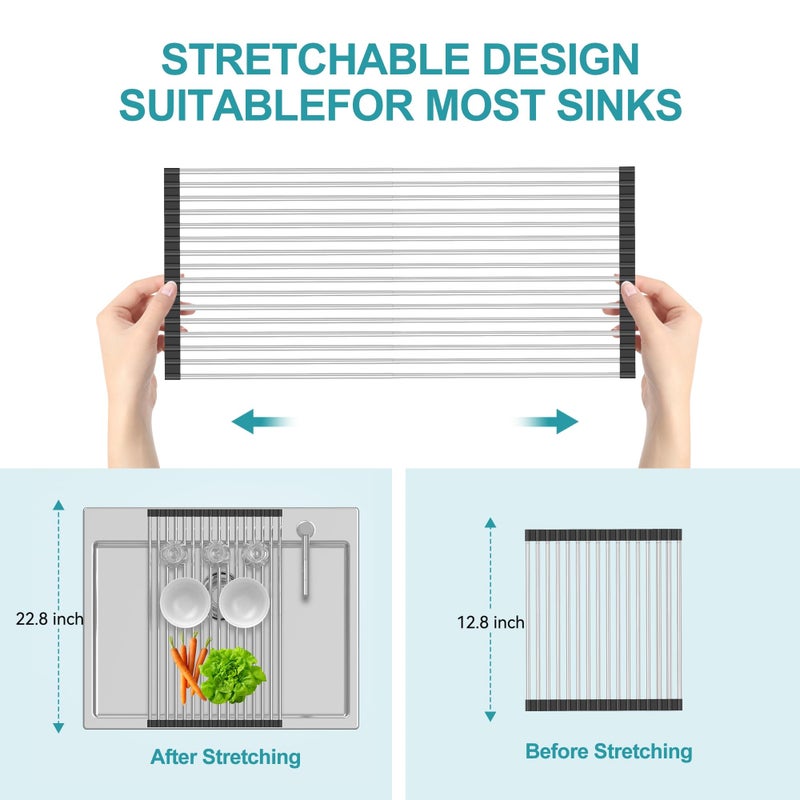 BBXTYLY Extra Large Expandable Roll Up Dish Drying Rack,Over The Sink Drying Rack Sink Cover Kitchen Sink Accessories Kitchen Rolling up Stainless Steel Drainer, Foldable,Rollableï¼ˆBlackï¼Œ22.8''-12.4''ï¼‰ - Image 3