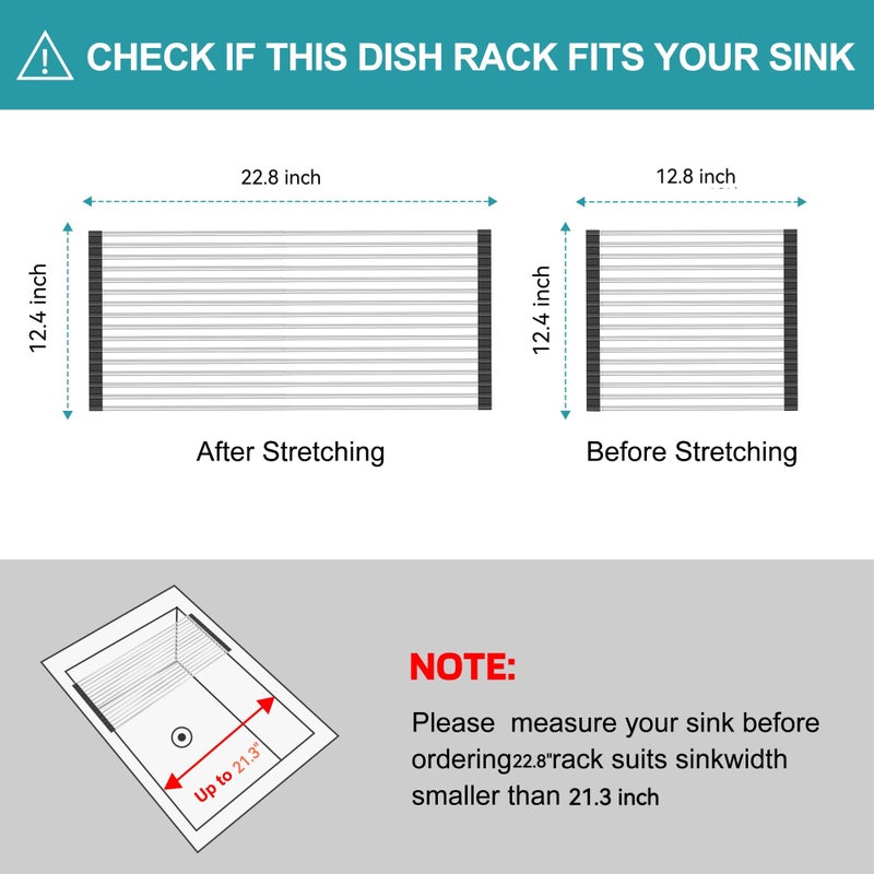 BBXTYLY Extra Large Expandable Roll Up Dish Drying Rack,Over The Sink Drying Rack Sink Cover Kitchen Sink Accessories Kitchen Rolling up Stainless Steel Drainer, Foldable,Rollableï¼ˆBlackï¼Œ22.8''-12.4''ï¼‰ - Image 2