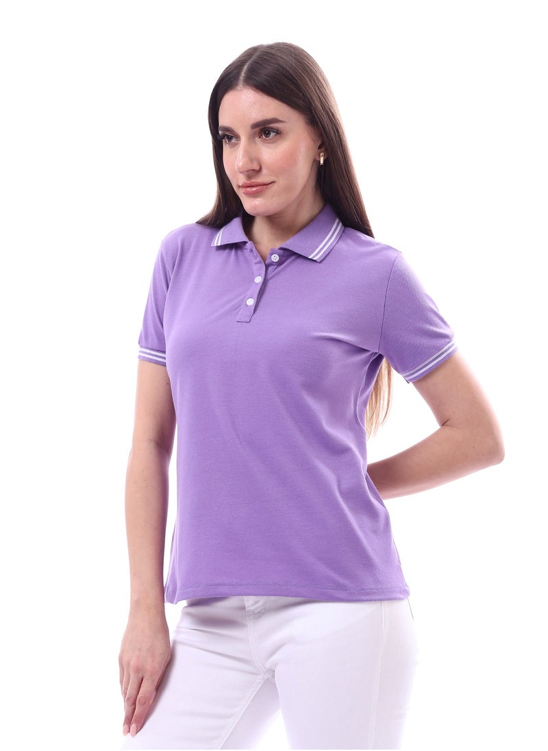 Andora - Woman Turn Down Collar Solid Polo Shirt _ Purple - Image 1