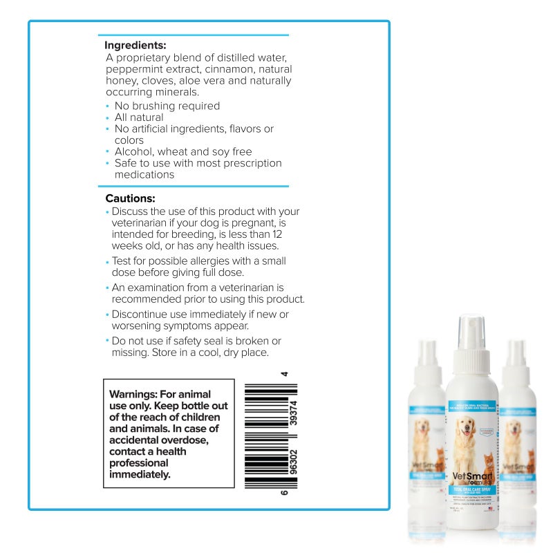 VetSmart Formulas Dog Breath Freshener: Eliminate Bad Breath and Prevent Oral Disease in Dogs and Cats - Teeth Cleaning Spray with Aloe Vera - Plaque and Tartar Remover, Oral Hygiene for Pets (Pack of 1) - Image 3
