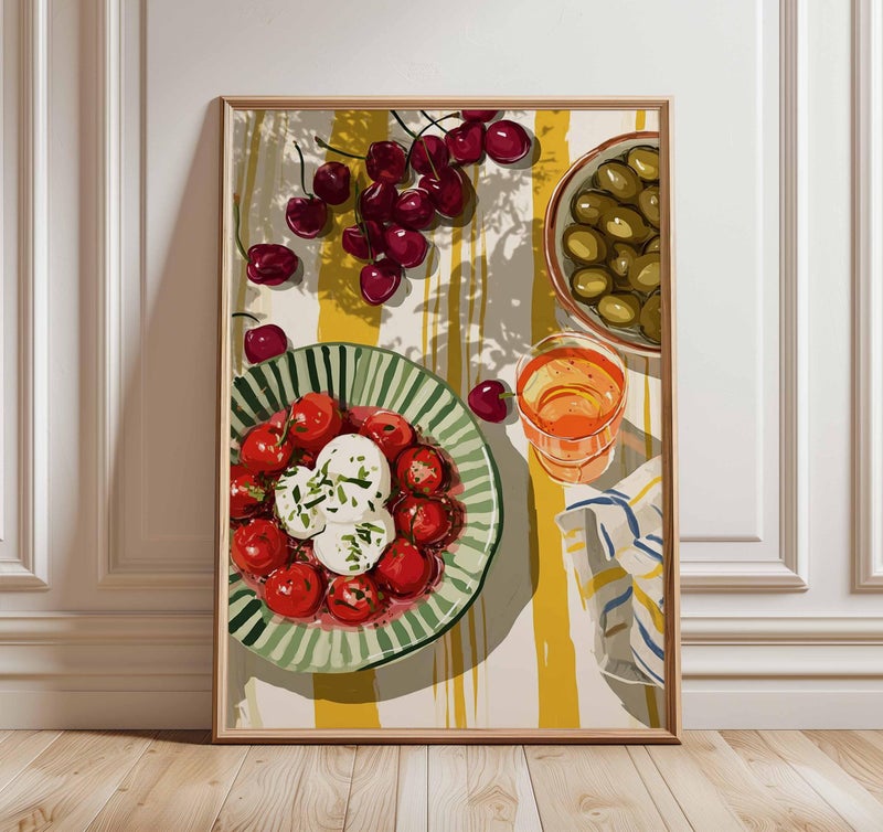 TNESSENTIAL Mediterranean Kitchen Wall Art Print, Food Still Life Poster, Colorful Dining Room Artwork, Fruit and Salad Illustration, Rustic Wall Decor - Image 1