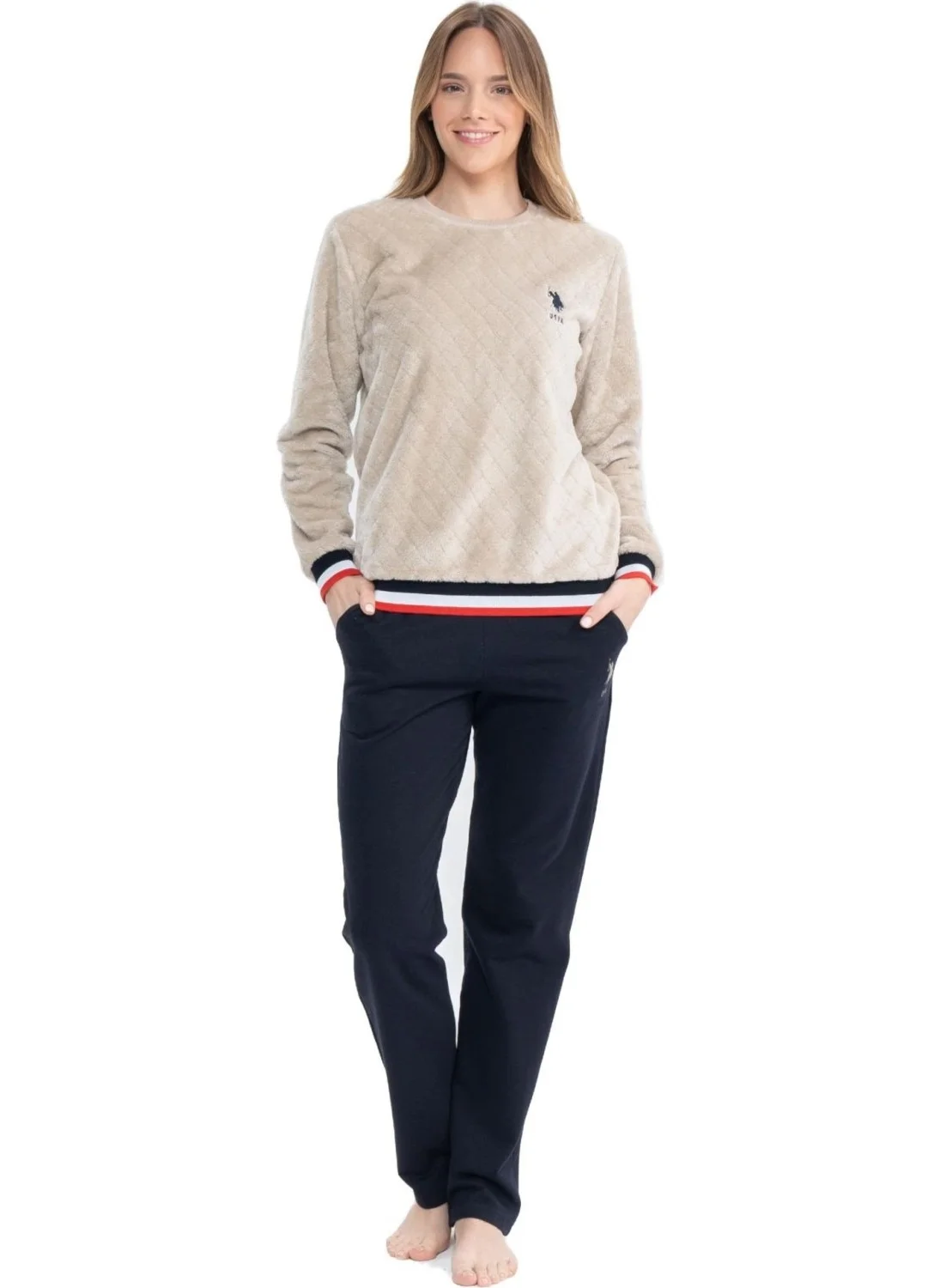 U.S. Polo Assn. 17079 Women's Beige Long Sleeve Round Neck Pajama Set