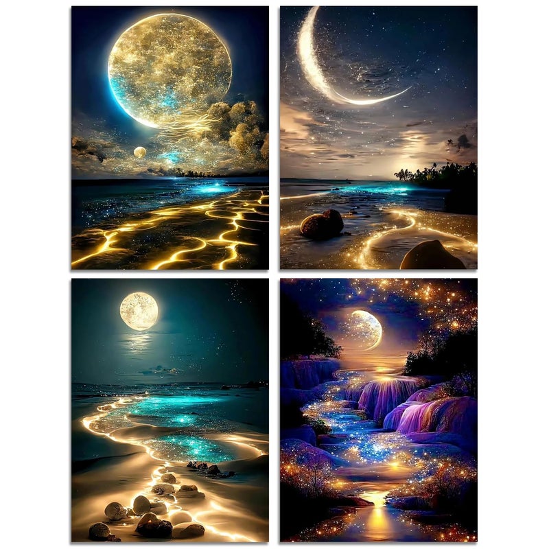 Muzagroo Art Moon Diamond Painting Kits for Adults 5D Diamond Art Kits for Beginners DIY Diamond Arts and Crafts for Living Room Diamond dots Kits Kids Room 4 PCS Wall ArtMoon - Image 2