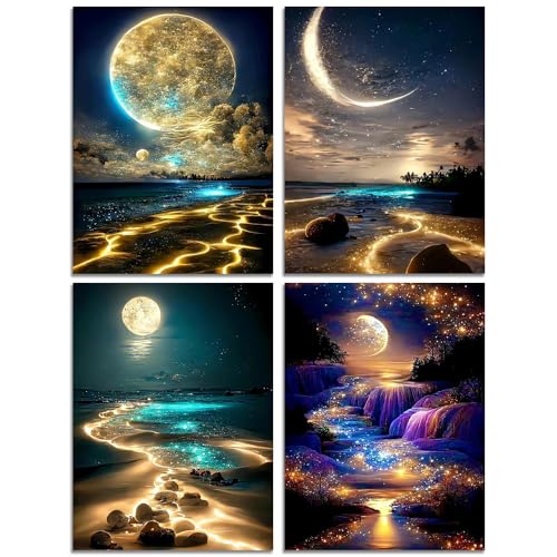 Muzagroo Art Moon Diamond Painting Kits for Adults 5D Diamond Art Kits for Beginners DIY Diamond Arts and Crafts for Living Room Diamond dots Kits Kids Room 4 PCS Wall ArtMoon - Image 1