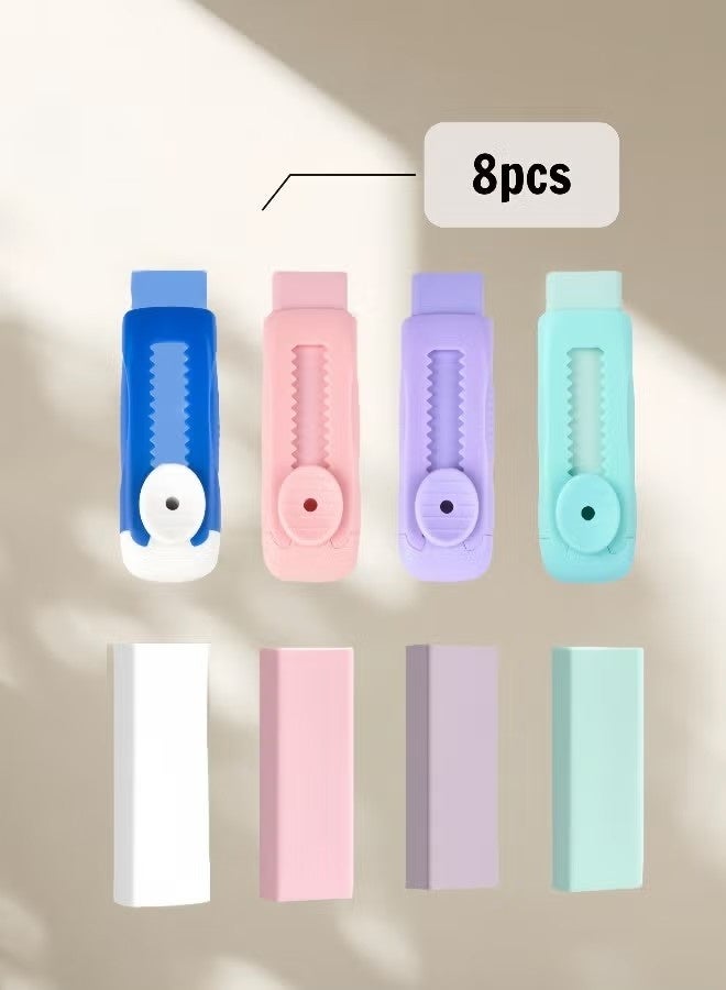 8-Piece Sliding Retractable Pencil Erasers - 4 Cute Colors with Dynamic Push-Pull Design, Includes 4 Expandable Erasers and 4 Refill Erasers for Students and Creatives - Image 1