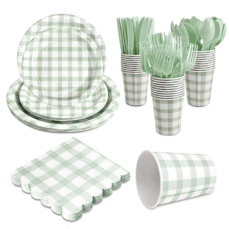 BHHQHH 168Pcs Gingham Party Supplies for 24 Guests Thick Paper Plates and Napkins Knives Spoons Forks Cups Disposable Party Set Cutlery for Dinner Baby Shower Wedding FavorSage Green - Image 1