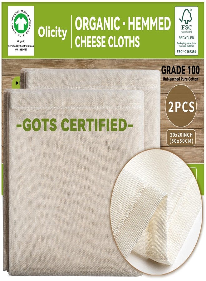 Olicity Organic Cheese Cloths, GOTS Certified, 2PCS, Grade 100, 20x20Inch Hemmed Cheese Cloth Reusable Muslin Cheesecloth for Straining, 100% Cotton Unbleached Fine Mesh Cloth Cheese Cloths for Cooking, Herbs - Image 1