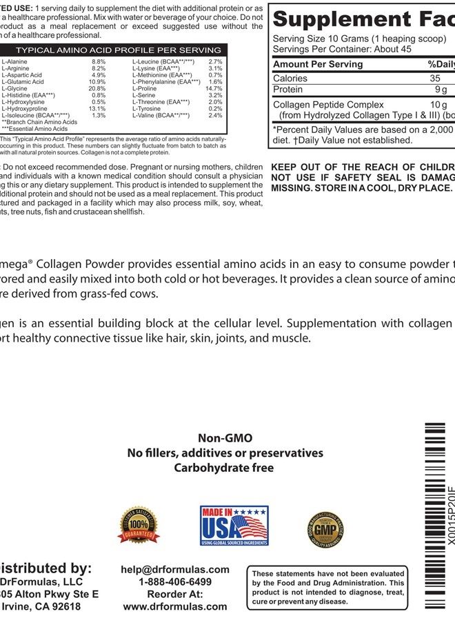 DrFormulas بروتين مسحوق كولاجين هير أوميغا لنمو الشعر، ببتيدات من هيدروكسي كولاجين البقر - بدون نكهة/بدون طعم، 16 أونصة - Image 2