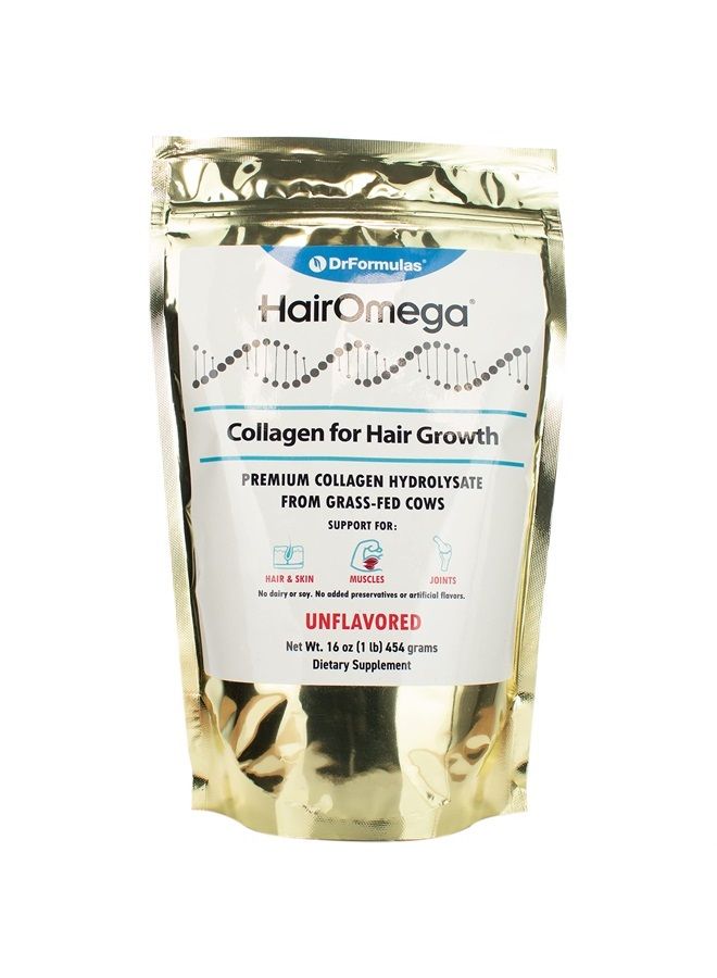 DrFormulas بروتين مسحوق كولاجين هير أوميغا لنمو الشعر، ببتيدات من هيدروكسي كولاجين البقر - بدون نكهة/بدون طعم، 16 أونصة - Image 1