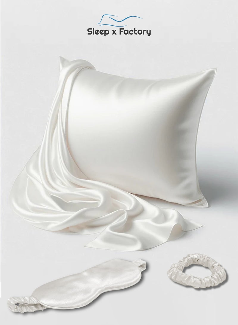Sleep x Factory Rest Dose 100% Natural Silk 3-Piece Luxury Set – Pillowcase + Eye Mask + Hair Scrunchie – White - Image 1