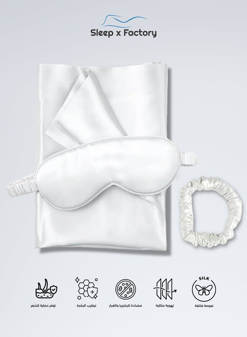 Sleep x Factory Rest Dose 100% Natural Silk 3-Piece Luxury Set – Pillowcase + Eye Mask + Hair Scrunchie – White - Image 3