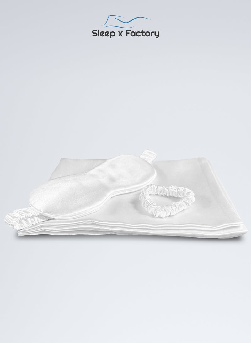 Sleep x Factory Rest Dose 100% Natural Silk 3-Piece Luxury Set – Pillowcase + Eye Mask + Hair Scrunchie – White - Image 4