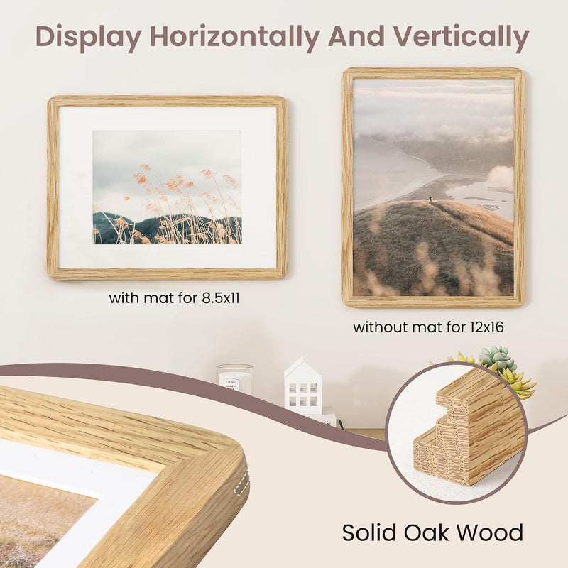 FLYJOE 12x16 Picture Frame - Solid Oak Wood 12x16 Poster Frame, 12''x16'' Picture Frame With Mat For 8.5x11, Tempered Glass and Hanging Hardware Included, 16 By 12 Frame Wood, Natural Oak - Image 4