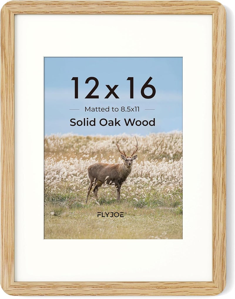 FLYJOE 12x16 Picture Frame - Solid Oak Wood 12x16 Poster Frame, 12''x16'' Picture Frame With Mat For 8.5x11, Tempered Glass and Hanging Hardware Included, 16 By 12 Frame Wood, Natural Oak - Image 1