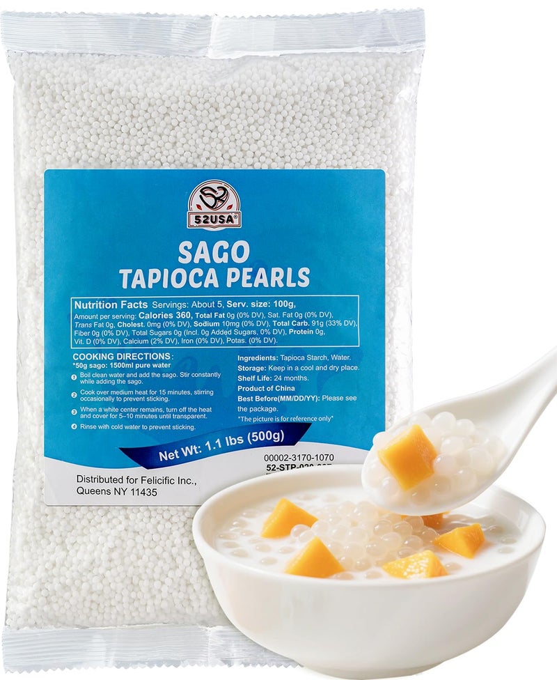 52USA Sago Pearls, Small Tapioca Pearls 1.1 lbs (500g), White Sago for Desserts and Bubble Milk Tea, All Natural, Vegan, Non-GMO, Gluten-Free - Image 1