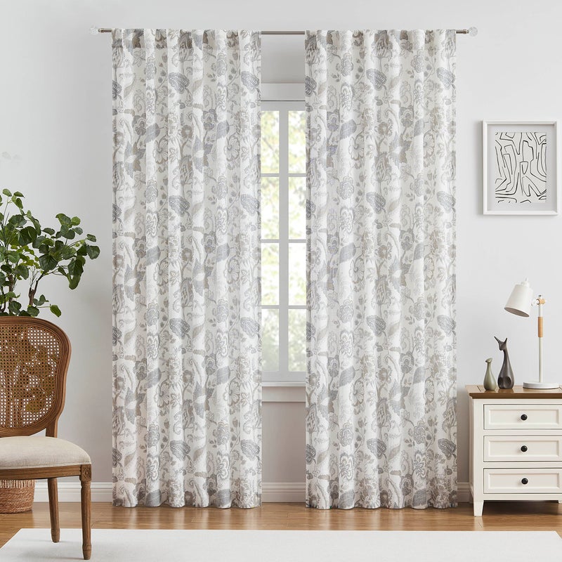Kayne Studio Backtab Rod Pocket Jacobean Floral Semi Sheer Curtains Botanical Leaf Printed Vintage Farmhouse Curtains for Living Room Linen Grey Light Filtering Window Treatment Sets 52""x84"" 2 Panels - Image 2