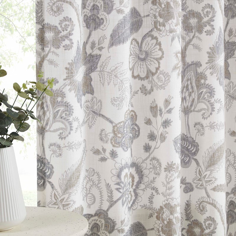Kayne Studio Backtab Rod Pocket Jacobean Floral Semi Sheer Curtains Botanical Leaf Printed Vintage Farmhouse Curtains for Living Room Linen Grey Light Filtering Window Treatment Sets 52""x84"" 2 Panels - Image 1