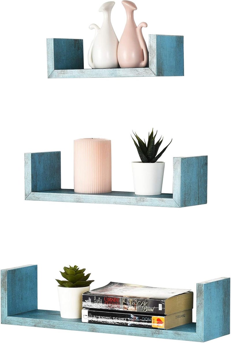 Greenco Set of 3 Floating “U” Shelves, Easy-to-Assemble Floating Wall Mount Shelves for Bedrooms and Living Rooms, Rustic Blue Finish - Image 1