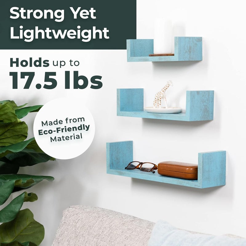 Greenco Set of 3 Floating “U” Shelves, Easy-to-Assemble Floating Wall Mount Shelves for Bedrooms and Living Rooms, Rustic Blue Finish - Image 4