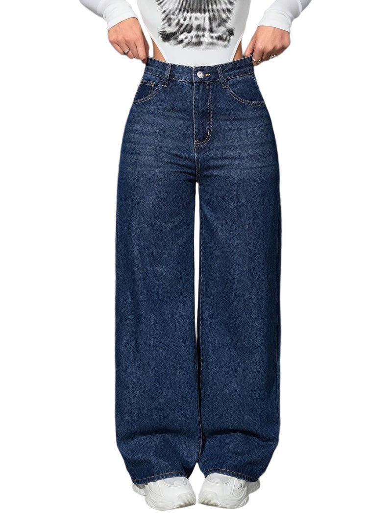 Plus Size High-Waisted Straight Jeans for Women - Deep Blue Relaxed Fit Denim Pants, Stretchy Heavyweight Fabric with Global Sizing Chart - Image 1