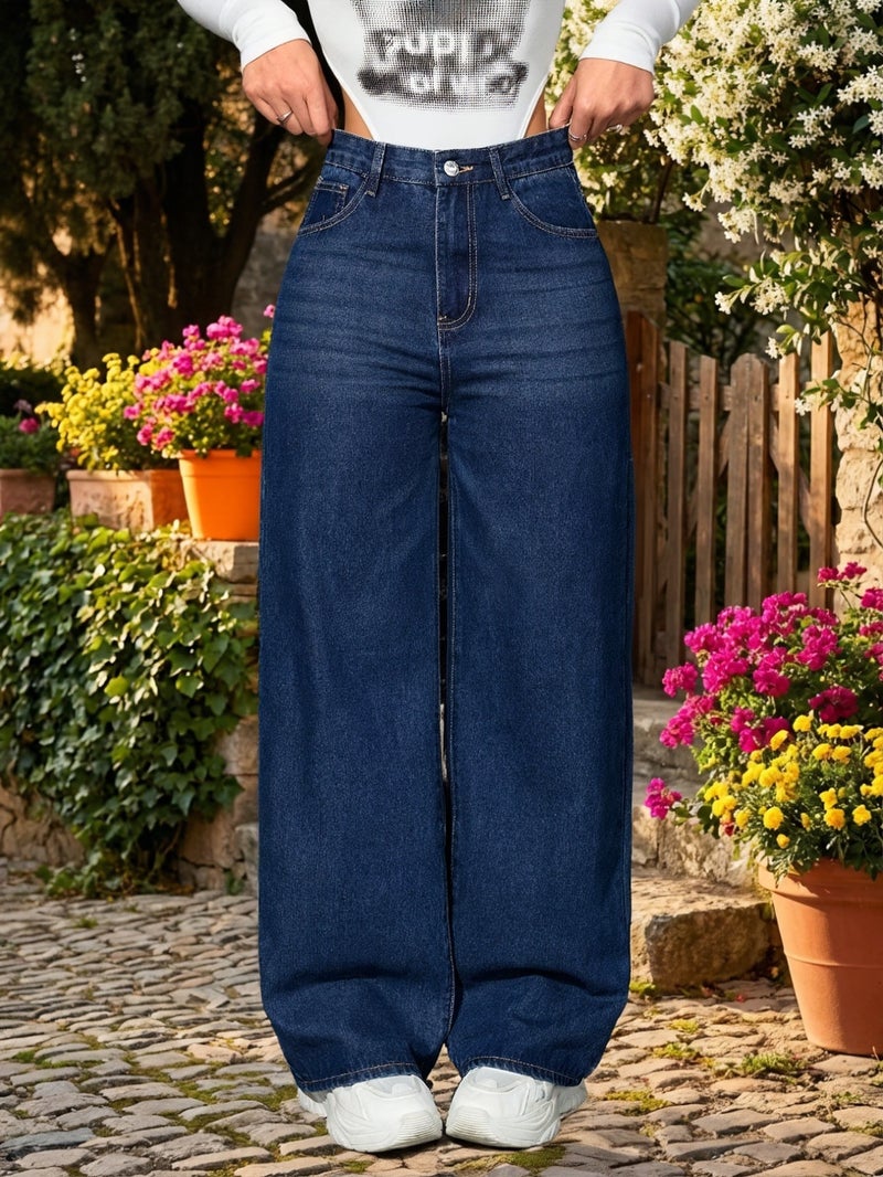 Plus Size High-Waisted Straight Jeans for Women - Deep Blue Relaxed Fit Denim Pants, Stretchy Heavyweight Fabric with Global Sizing Chart - Image 2