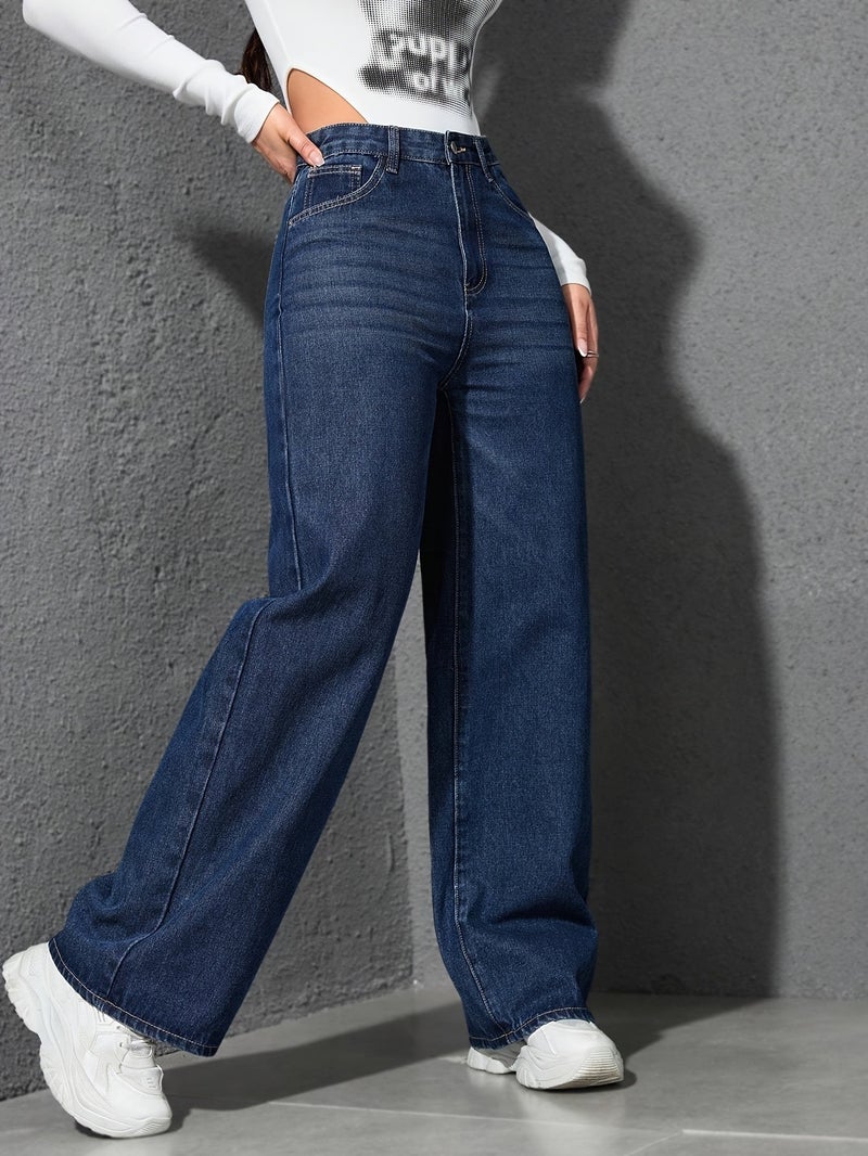 Plus Size High-Waisted Straight Jeans for Women - Deep Blue Relaxed Fit Denim Pants, Stretchy Heavyweight Fabric with Global Sizing Chart - Image 5