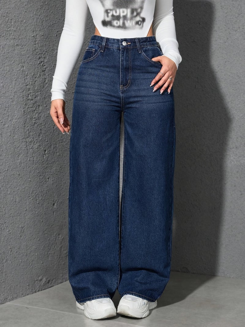Plus Size High-Waisted Straight Jeans for Women - Deep Blue Relaxed Fit Denim Pants, Stretchy Heavyweight Fabric with Global Sizing Chart - Image 3