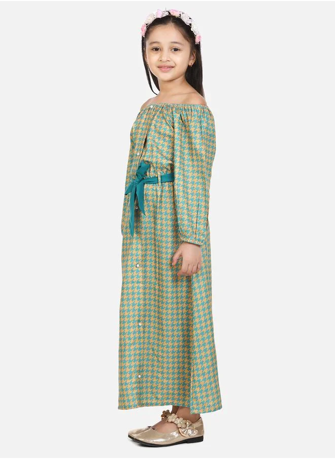 LILPICKS Green Aztec Off shoulder Party Maxi Dress