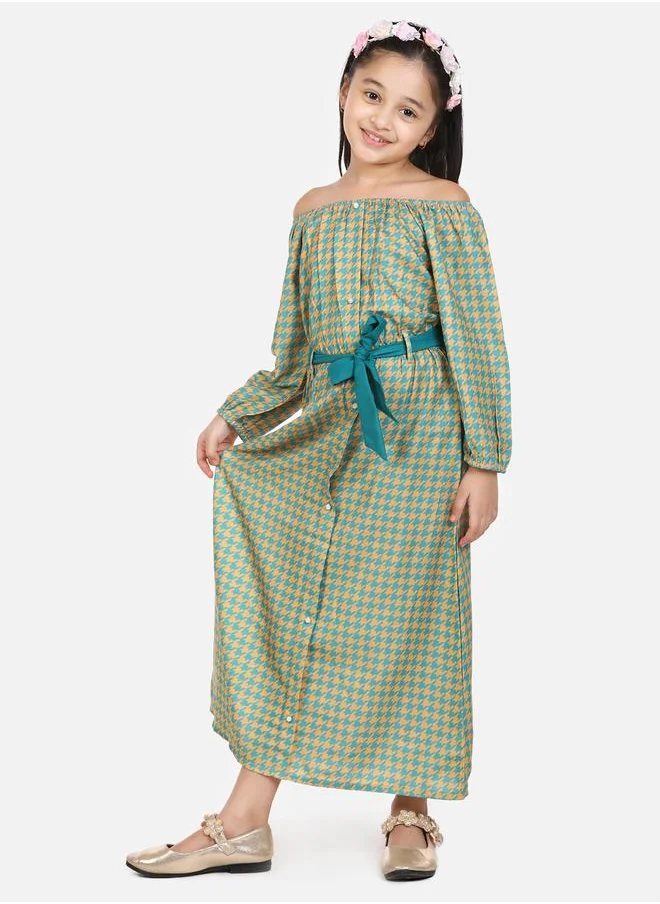 LILPICKS Green Aztec Off shoulder Party Maxi Dress