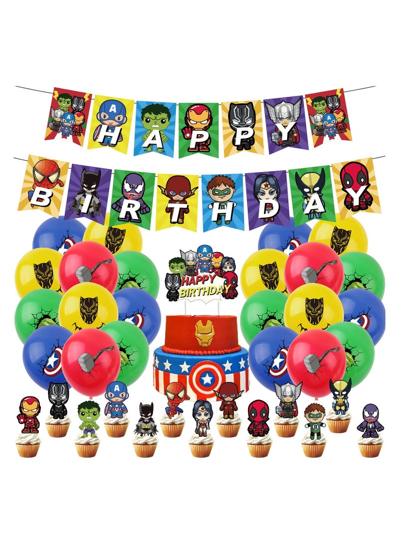 JAYATO 50-Piece Superhero Birthday Party Supplies for Kids, Superhero Banner, Cake Decorations & Balloons, Birthday Party Decor Set for Boys & Girls - Image 1