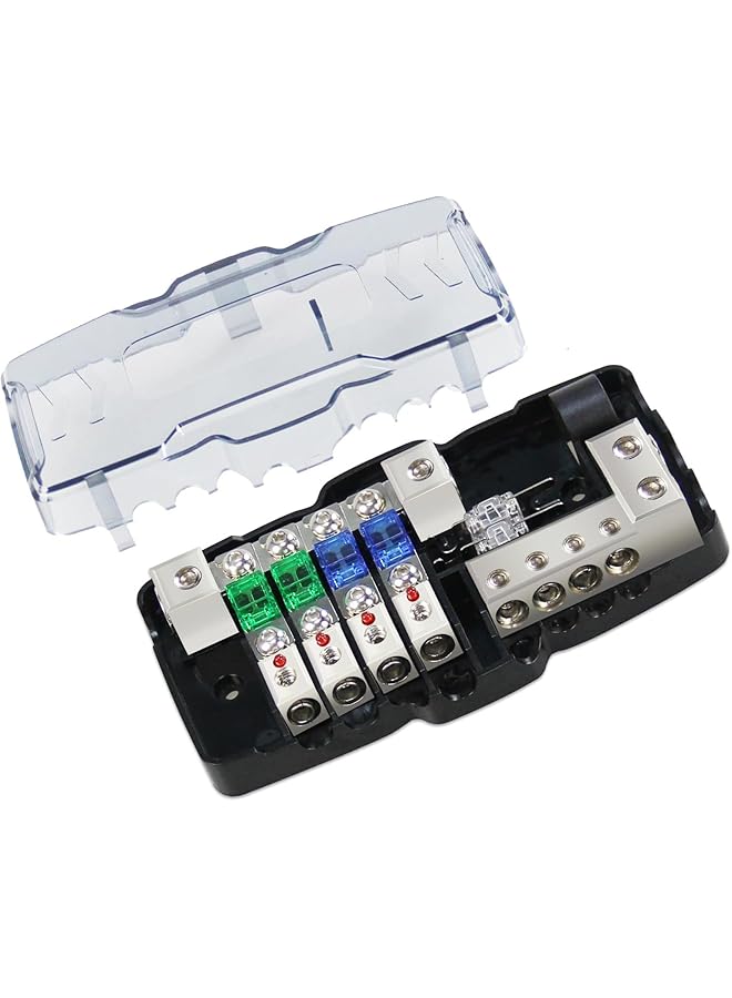Azonee Fused Power Distribution Block For Car Audio, 4-Way Midi Fuse Block 12V 0/4 Gauge With Red Indicator, Ideal For Auto, Boat, Utv Stereo Amp - Image 1
