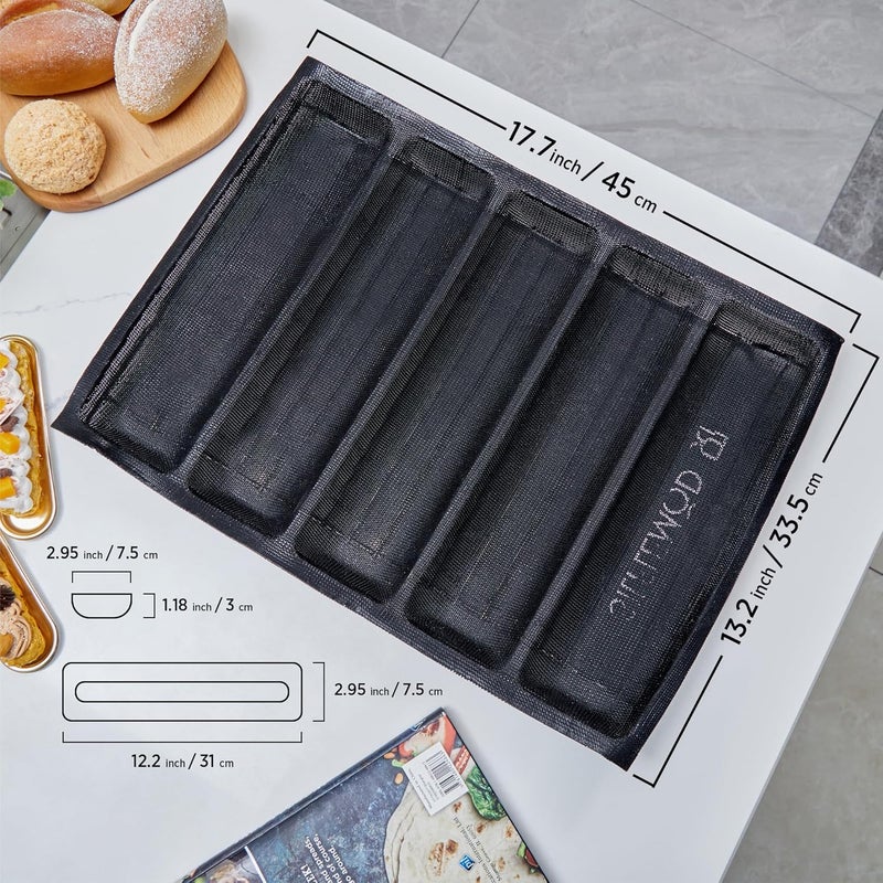 SILFLEMOD SIFLEMOD Silicone Baguette Mold - Non-stick Fench Bread Flexi Mesh Pan, Perforated Sandwich Baking Liners, Silicone Bread Baking Forms (5 Loaf, Black) - Image 2