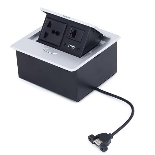 BOXNUBE Hydraulic Pop UP Box Cable Cubby Square Extension Board with 1 x Universal Power Sockets, 1 x Ethernet/LAN, 1 x USB Type A Ports (Silver) - Image 5