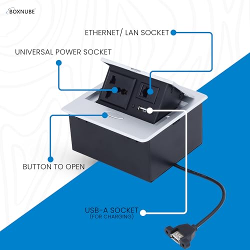 BOXNUBE Hydraulic Pop UP Box Cable Cubby Square Extension Board with 1 x Universal Power Sockets, 1 x Ethernet/LAN, 1 x USB Type A Ports (Silver) - Image 2