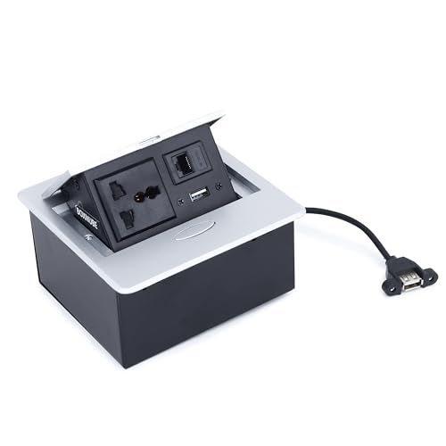 BOXNUBE Hydraulic Pop UP Box Cable Cubby Square Extension Board with 1 x Universal Power Sockets, 1 x Ethernet/LAN, 1 x USB Type A Ports (Silver) - Image 1