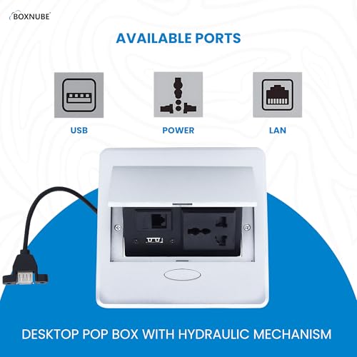 BOXNUBE Hydraulic Pop UP Box Cable Cubby Square Extension Board with 1 x Universal Power Sockets, 1 x Ethernet/LAN, 1 x USB Type A Ports (Silver) - Image 3
