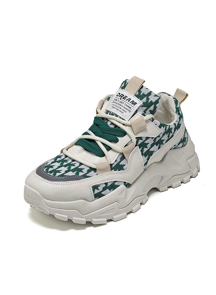 Mei Stylish Chunky Sneakers with Green and White Houndstooth Pattern, Stylish Lightweight Casual Sports Shoes  - Image 1