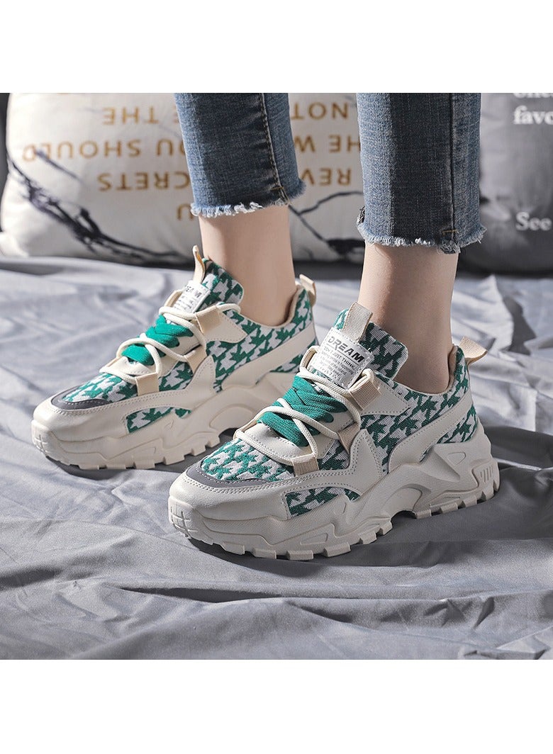 Mei Stylish Chunky Sneakers with Green and White Houndstooth Pattern, Stylish Lightweight Casual Sports Shoes  - Image 2