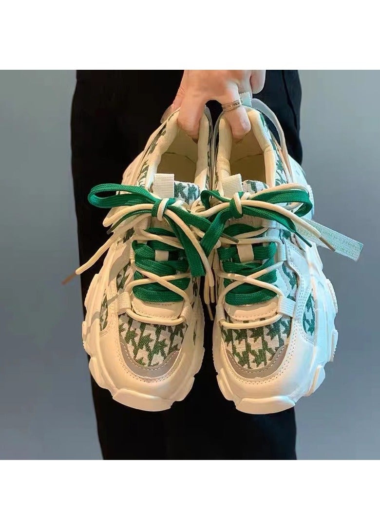 Mei Stylish Chunky Sneakers with Green and White Houndstooth Pattern, Stylish Lightweight Casual Sports Shoes  - Image 3