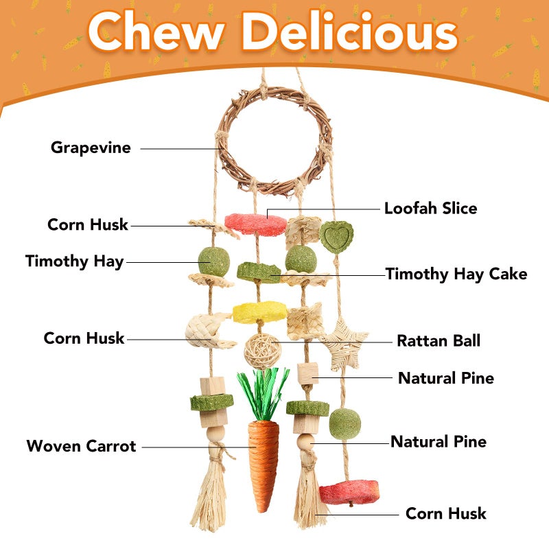 Jorewood Rabbit Chew Toys Bunny Cage Hanging Toy and Treats Rattan Ring with Snacks for Rodent Pets Teeth Healthy - Image 5