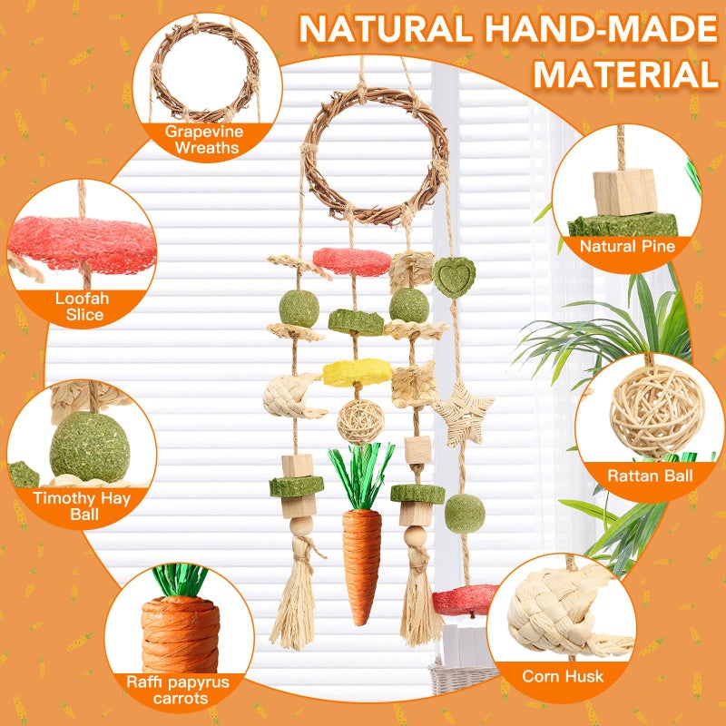 Jorewood Rabbit Chew Toys Bunny Cage Hanging Toy and Treats Rattan Ring with Snacks for Rodent Pets Teeth Healthy - Image 2