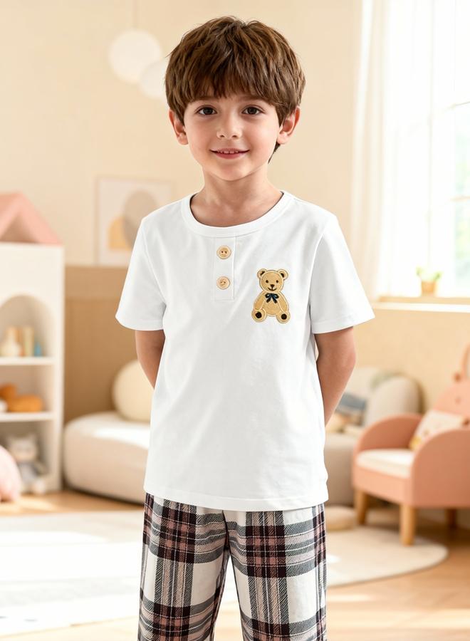 Take Two Boys Bear Print T-Shirt And Checked Pyjama Set - Image 1